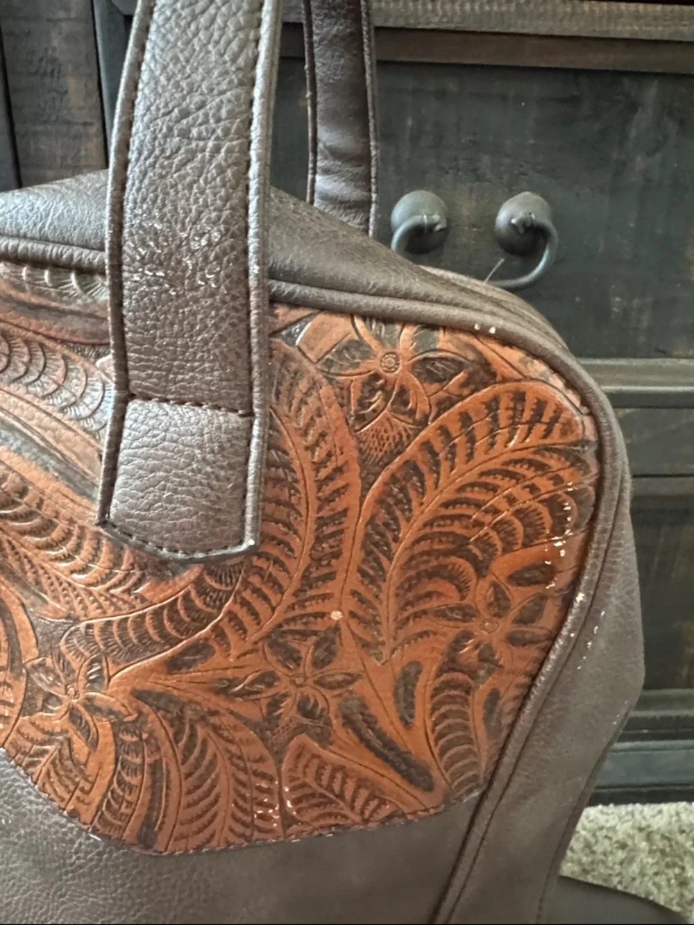 3D Belt Men's Brown Tooled Accent Faux Leather Boot Bag